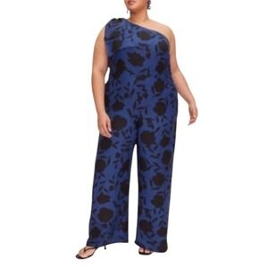 Kate Spade Target Jumpsuit Navy Blue Black Floral One Shoulder Linen Blend Sz 20